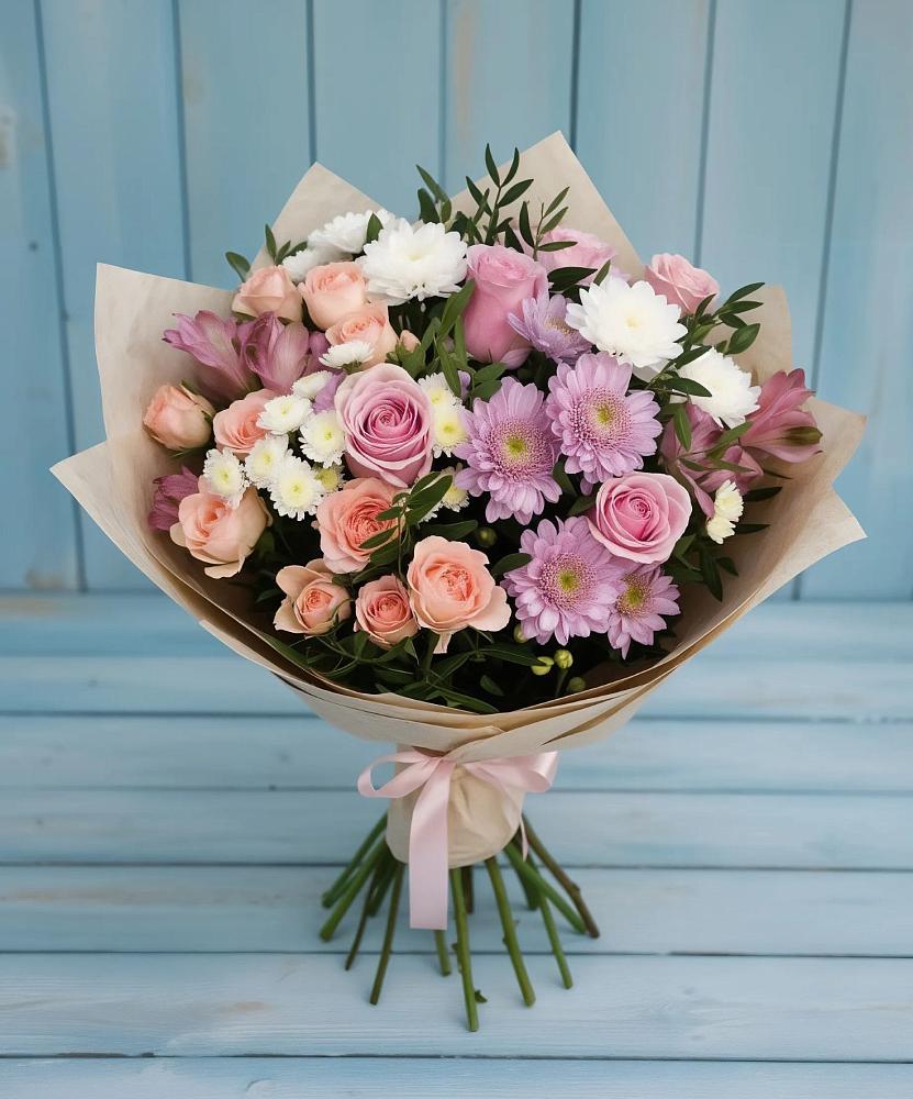 Букет цветов из: Хризантемы, Розы и Альстромерии в Салым