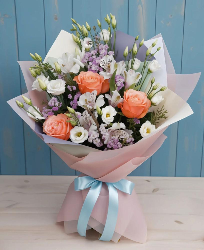 Букет цветов из: Лизиантусы, Розы, Альстромерии и Гипсофила в Салым