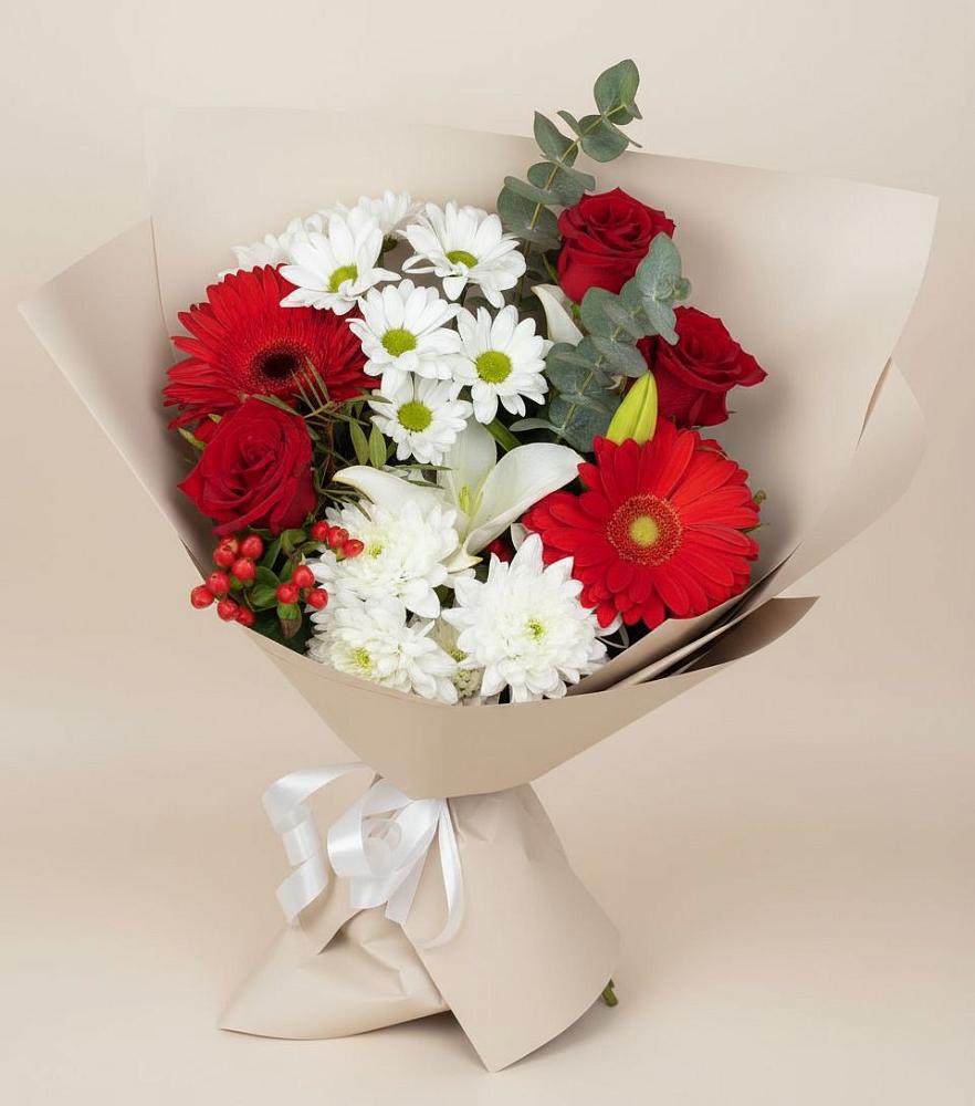 Букет цветов из: Розы, Хризантемы, Герберы и Лилии в Салым