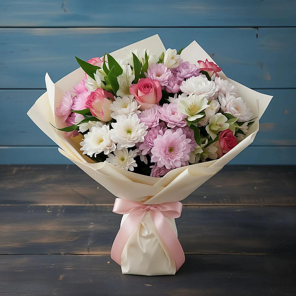 Букет цветов из: Хризантемы, Альстромерии и Розы в Салым